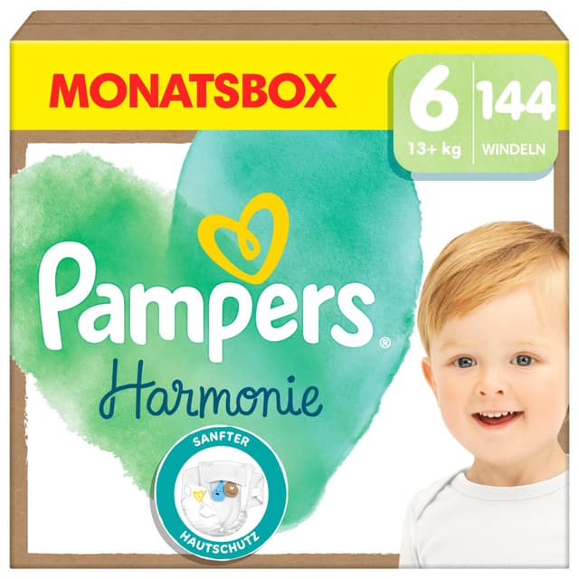 Pampers Harmonie Windeln Größe 6, 144 Windeln, 13kg+, sanfter Hautschutz mit 100Prozent Pampers Schutz Weiss Größe 6 (144 Stück)