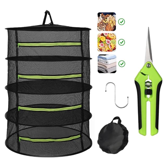 Abiemuce Trockennetz Kräuter, 4-Lagiger Kräutertrockner Hängend, Trockennetz mit Astschere und Haken, Reißverschluss Klappbar Trocknungsnetz, für Kräuter, Pflanze, Gewürze (Grün+Schwarz) (4-Lagiger)