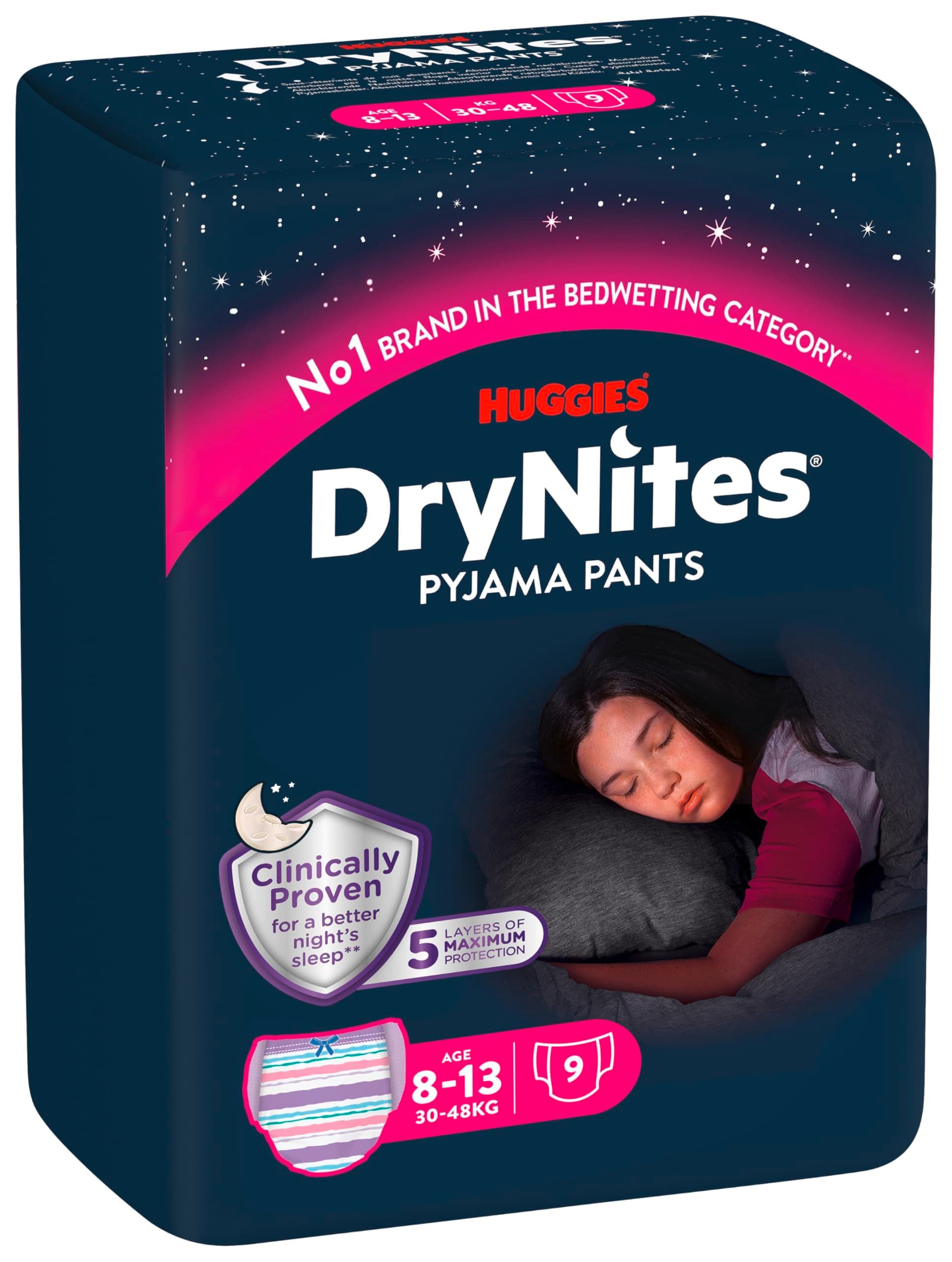 HUGGIES DryNites Nachtwindeln, für Mädchen 8-13 Jahre (30-48 kg), hochabsorbierende bei Bettnässen, 9 Stück (1er Pack) Windel-Pants 9 Stück (1er Pack) 9 Stück