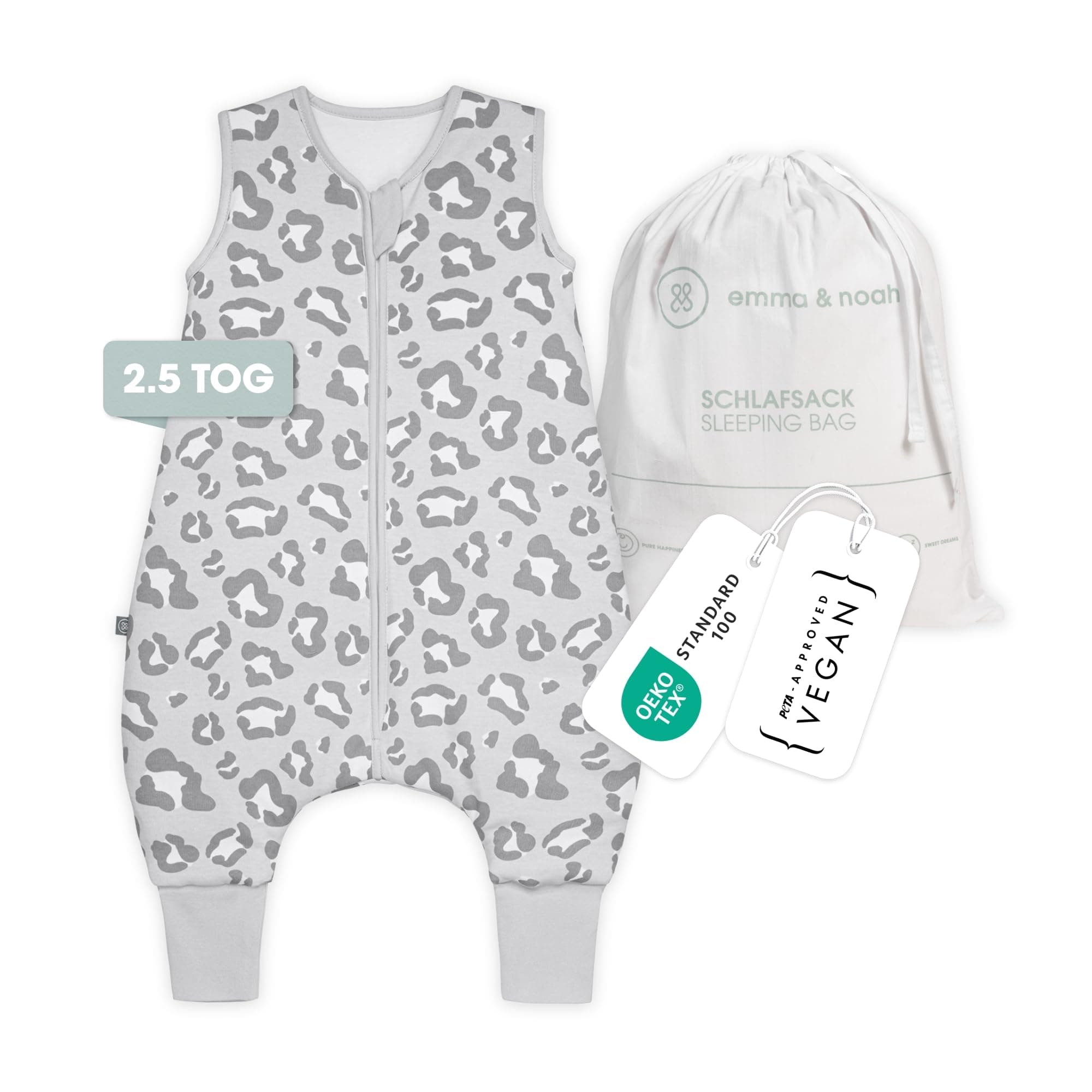 emma & noah Baby Schlafsack mit Füßen 2.5 TOG, Strampelsack für den Herbst und Winter, Bio-Baumwolle, Oeko-TEX Zertifiziert, Kuscheliger Schlafsack für Neugeborere (Leo Grau, 90 cm) 90 Leo Grau
