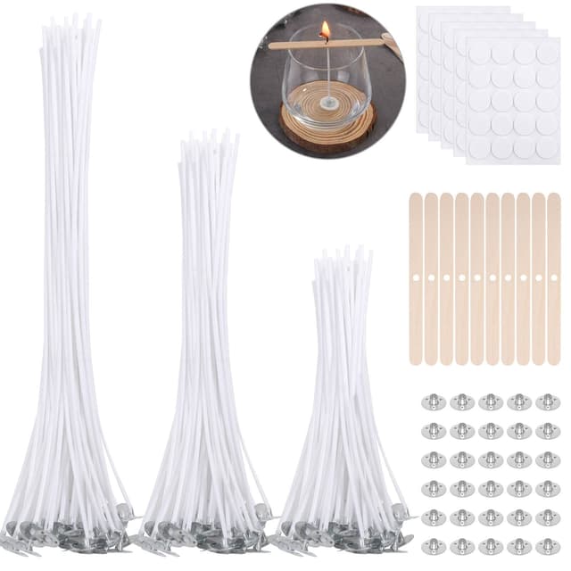240 Stück Kerzendocht Set,VEVOQIM 100 Stück Kerzendochte für Kerzen Docht(10CM|15CM|20CM) mit 10 Stück Dochthalter,100 Stück Kerzen Klebeplättchen und 30 Stück Dochtlaschen für Kerzen Selber Machen