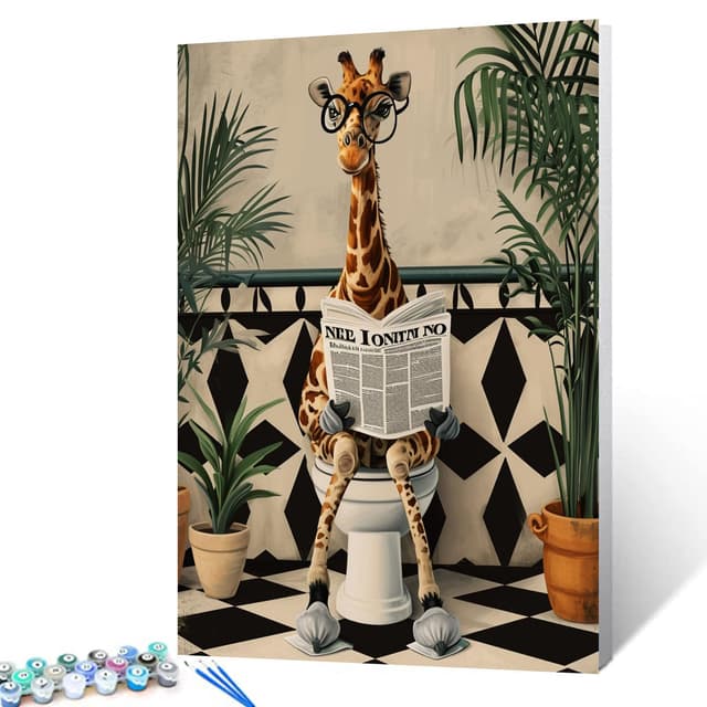 Tucocoo Malen nach Zahlen für Erwachsene, Motiv: niedliche Giraffe auf Toilette, einfaches DIY-Ölgemälde-Set auf Leinwand mit Pinseln und Acrylpigment, lustiges nordisches Tier-Badbild für 16''x20''(Without Frame) Artwork-05
