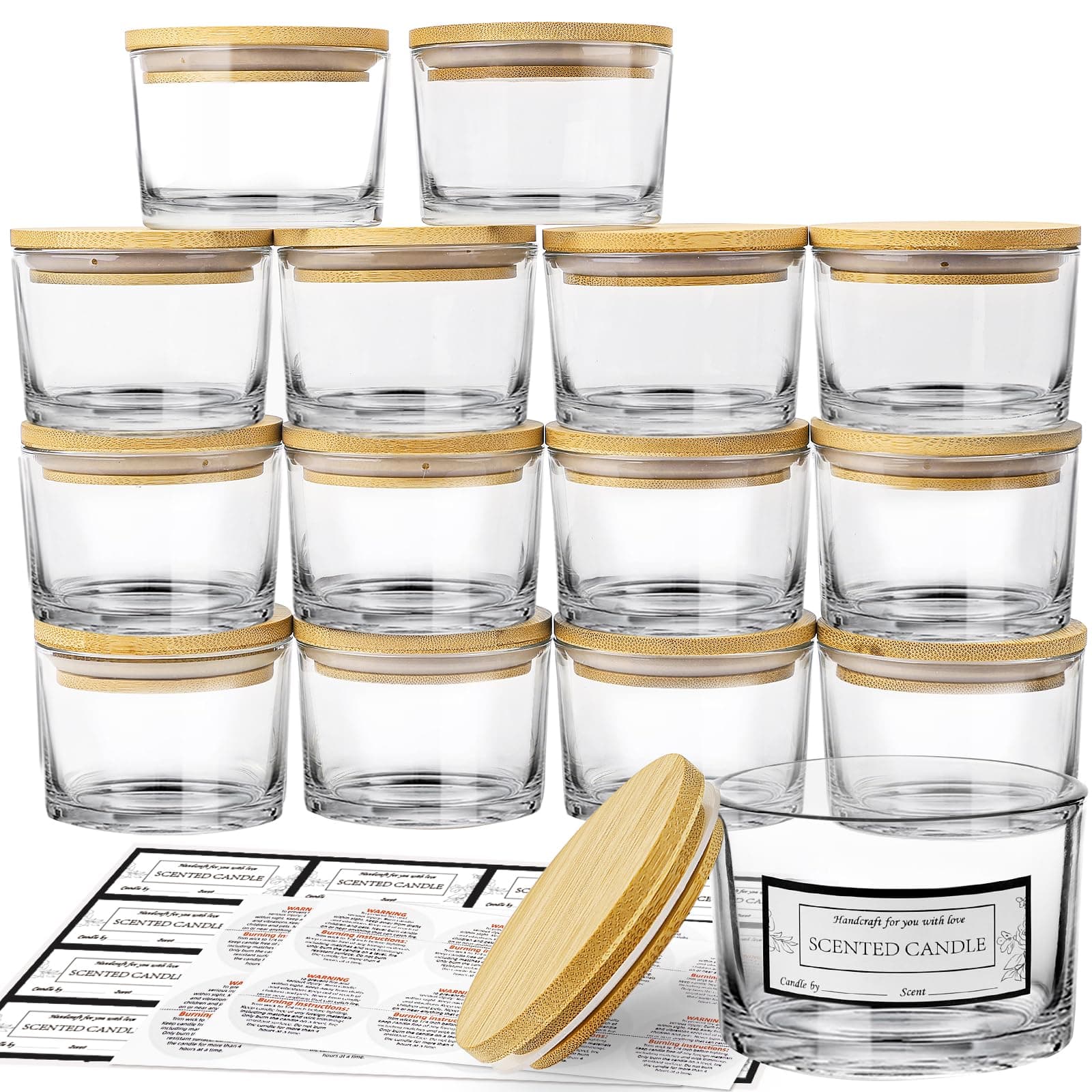 CONNOO 15 Stück 120 ml Klare Glas-Kerzengläser mit luftdichten Bambusdeckeln zum Kerzenmachen, kleine, weithalsige, leere Kerzengläser im Großpack mit haftenden Warnetiketten - spülmaschinenfest
