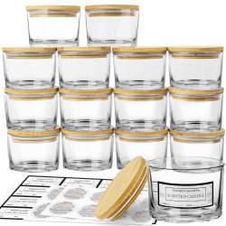 CONNOO 15 Stück 120 ml Klare Glas-Kerzengläser mit luftdichten Bambusdeckeln zum Kerzenmachen, kleine, weithalsige, leere Kerzengläser im Großpack mit haftenden Warnetiketten - spülmaschinenfest