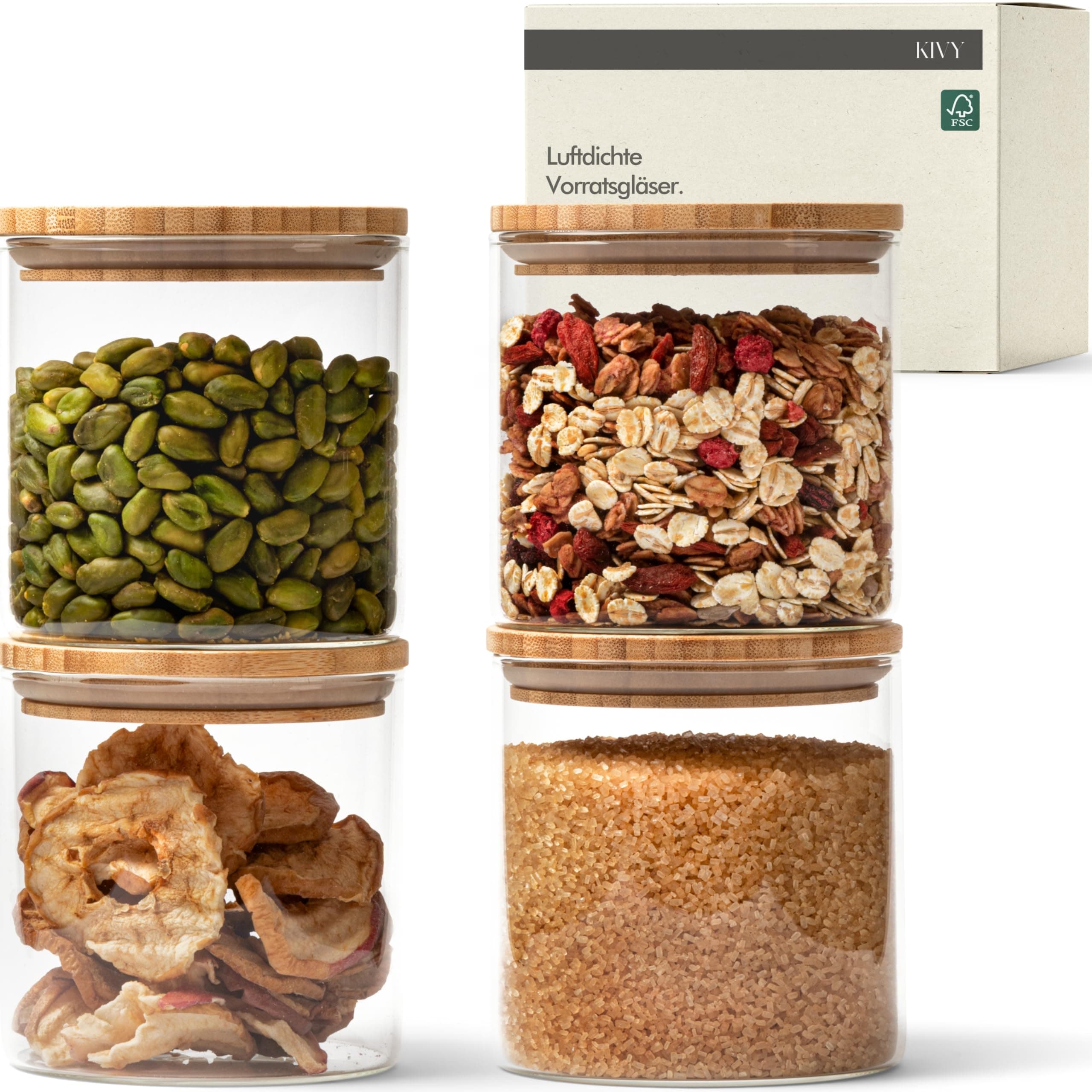 KIVY Vorratsgläser mit Deckel - 4 x 600ml - Kleine Vorratsdosen mit Bambusdeckel - Vorratsdosen Glas mit Deckel - Vorratsgläser Holzdeckel - Aufbewahrungsgläser mit Deckel - Glasbehälter 4x 600ml