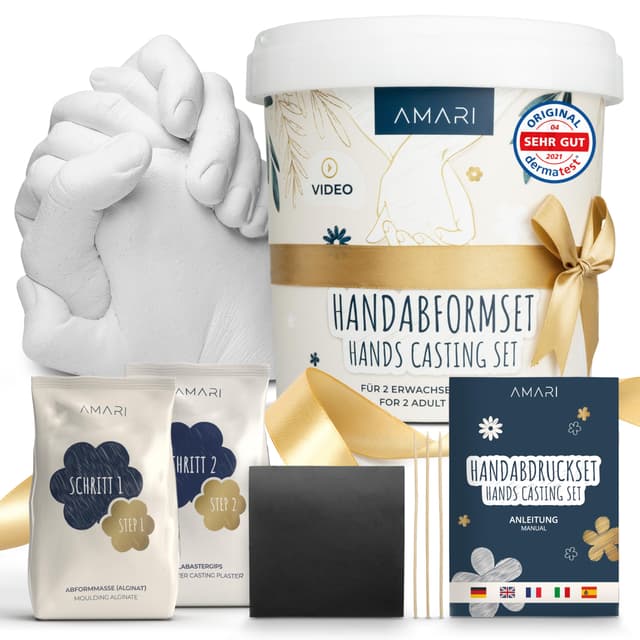 Amari® Handabdruck Set für Paare und Familie (Floral) – Gipsabdruck Set Hände – Gips Hand Paar Gipshandabruck Geschenk, Hochzeitsgeschenk, Jahrestag Partner Geschenke, Paar Geschenke Dunkelblau