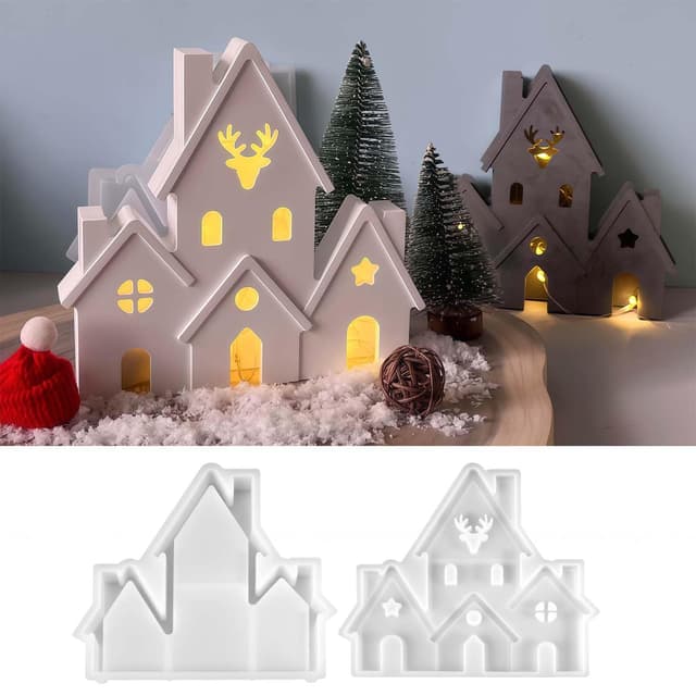 wikimo Silikonformen Gießformen Weihnachten für Haus, 17.5 x 16cm Gießformen Silikon Häuser mit Elchmotiv, Burg Gips zum Gießen Haus mit Elchmotiv