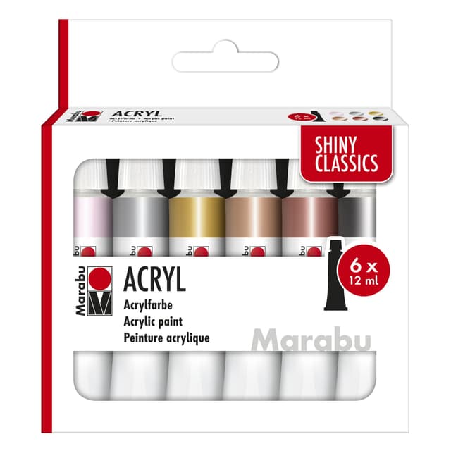 Marabu Acrylfarben Set SHINY CLASSICS, 6 x 12 ml metallisch schimmernde Farben, leicht vermalbar, schnell trocknend, lichtecht, wetterfest, für viele Maltechniken und Untergründe, 1210000000212 6 Metallicfarben