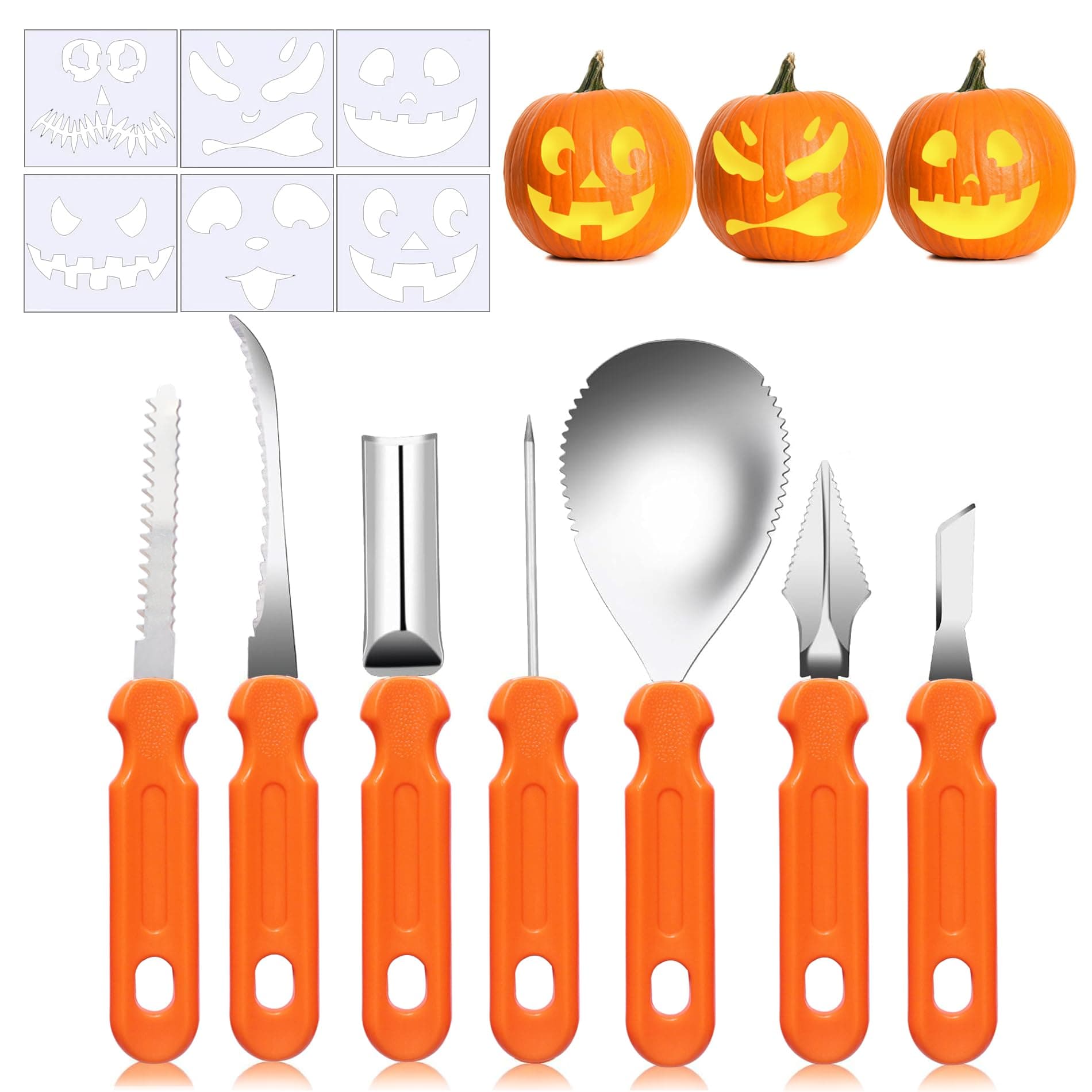 UDIKEFO Halloween Kürbis Schnitzset, 7 STK Kürbis Schnitzen Set mit 6 PVC schnitzvorlagen DIY Halloween Dekoration Edelstahl Kürbis Schnitzwerkzeuge für Kinder und Familie