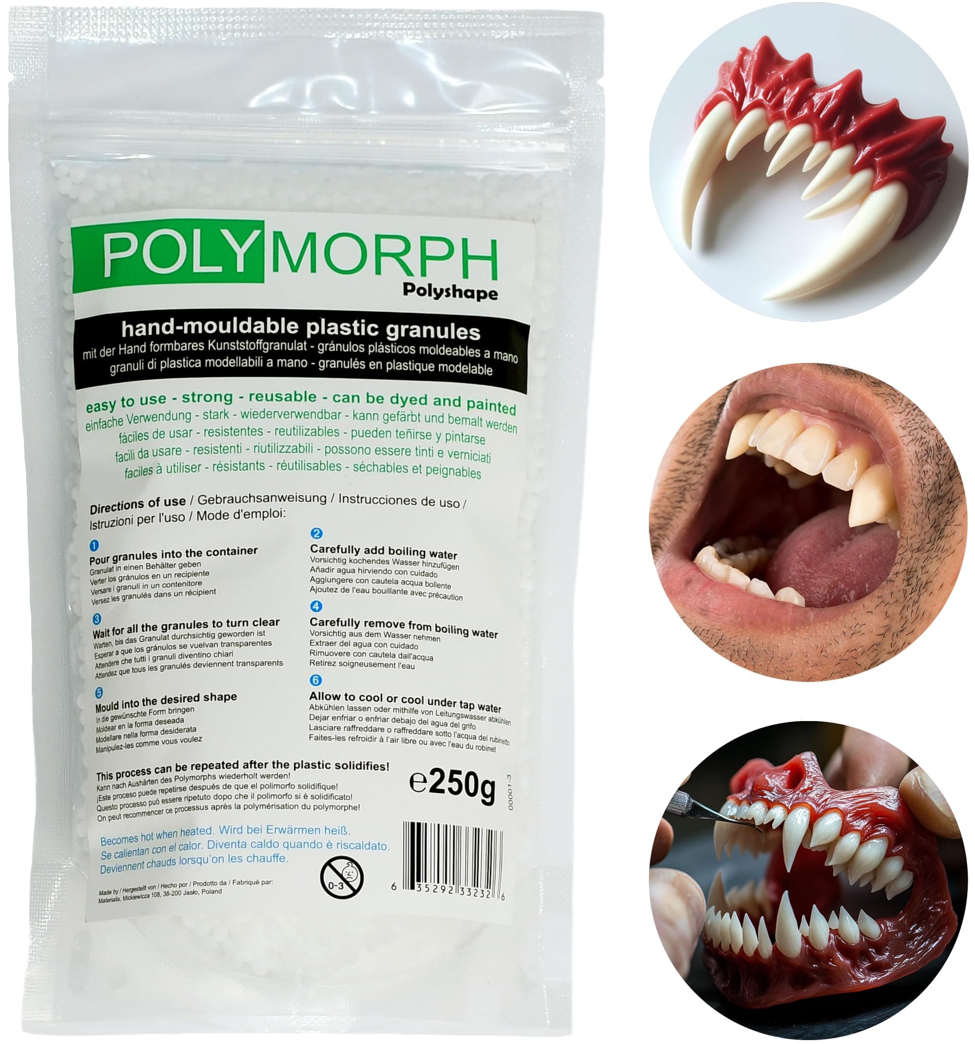 Polyshape Polymorph - formbare Plastikgranulate für Halloween, Vampirzähne, Zahnprothesen, Spezialeffekte, Vampir zähne – für Erwachsene und Kinder Vampir zähne - 250g Beutel