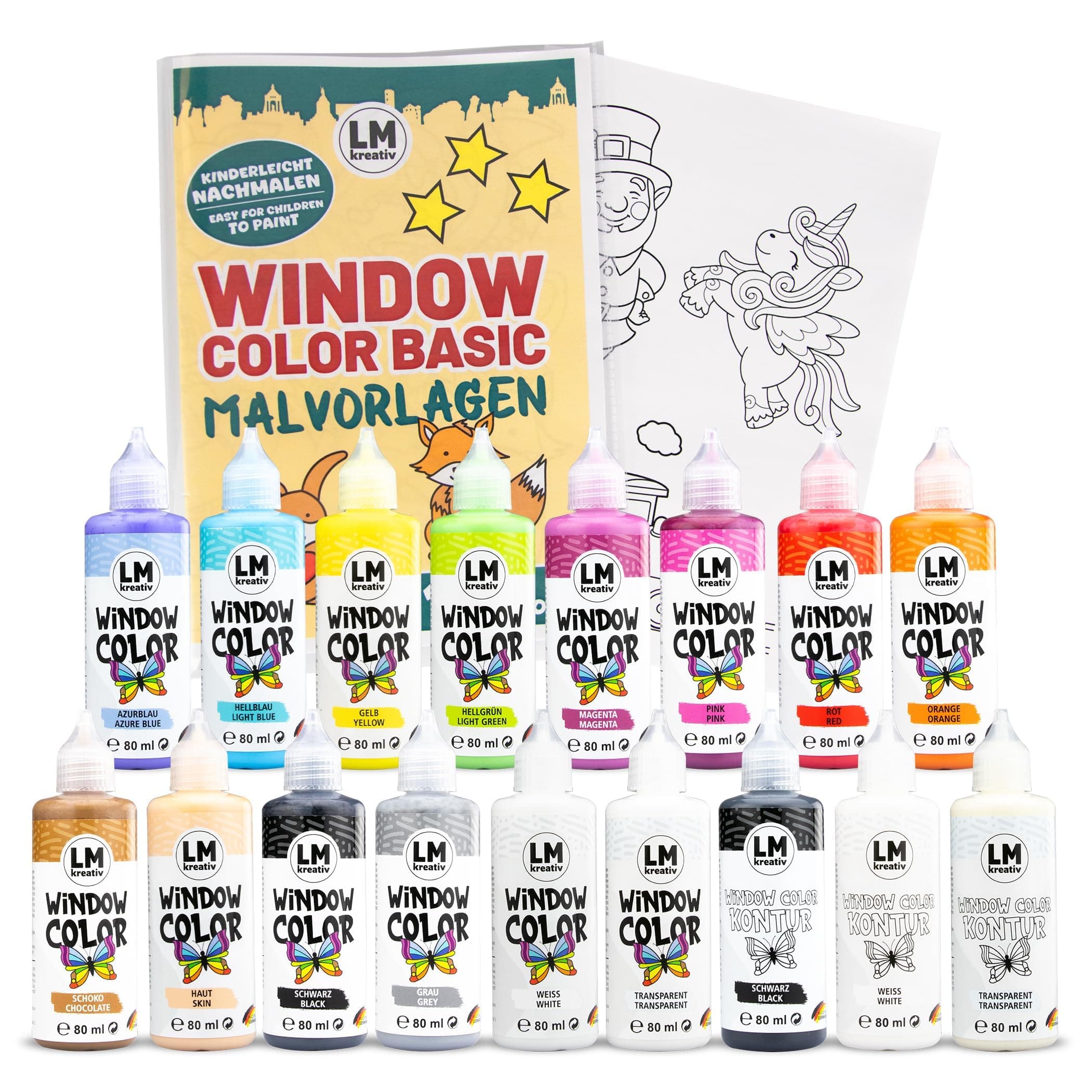 LM Window Color Set (17 x 80 ml Basic inkl. Konturfarbe & Malvorlagen) - Abziehbare Fenstermalfarbe/Stickerfarbe auf Wasserbasis für glatte Oberflächen wie Glas, Spiegel und Fliesen
