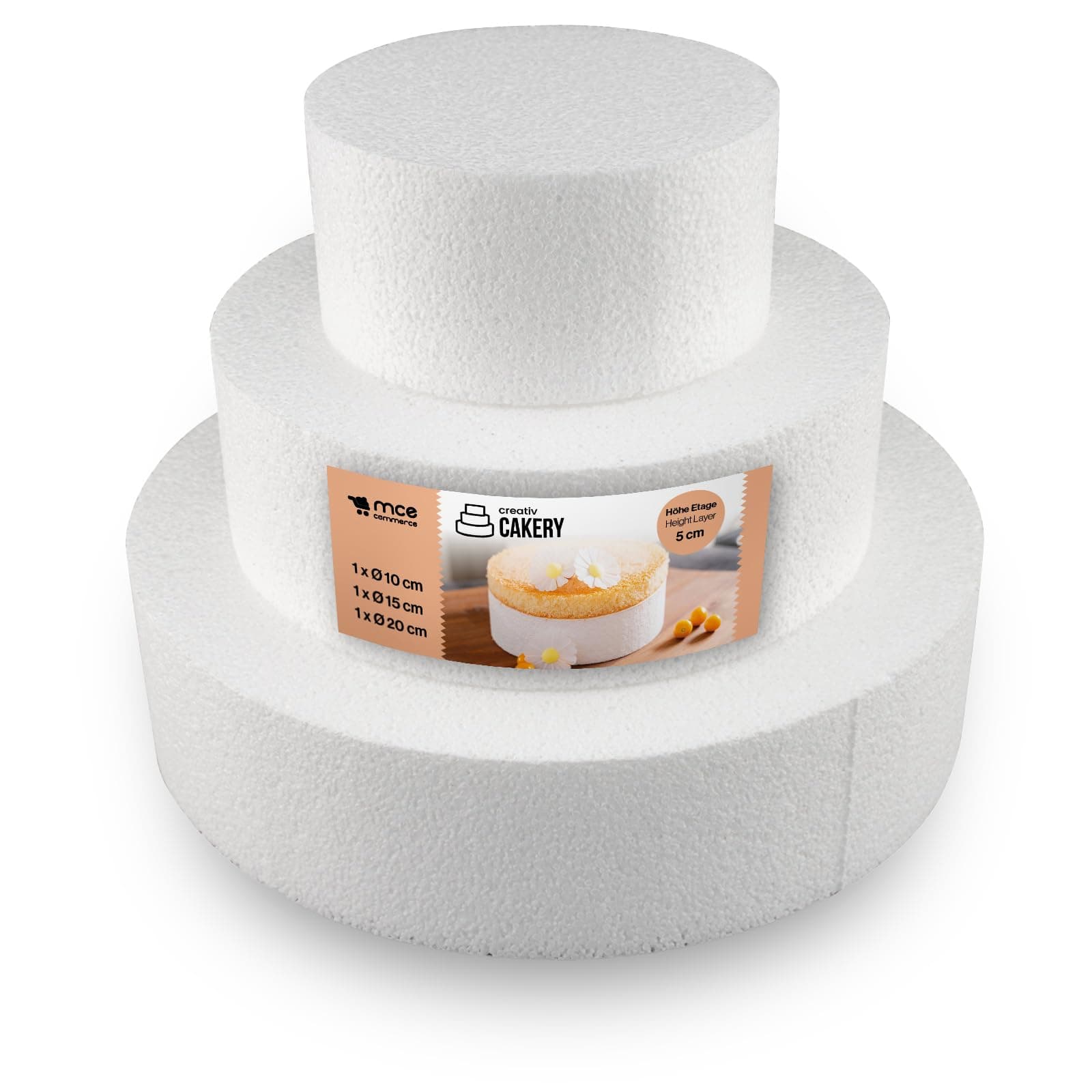 MCE-Commerce Styropor Torte Set dreistöckig H 5cm, 10cm; 15cm; 20cm, Weiß