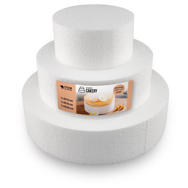 MCE-Commerce Styropor Torte Set dreistöckig H 5cm, 10cm; 15cm; 20cm, Weiß