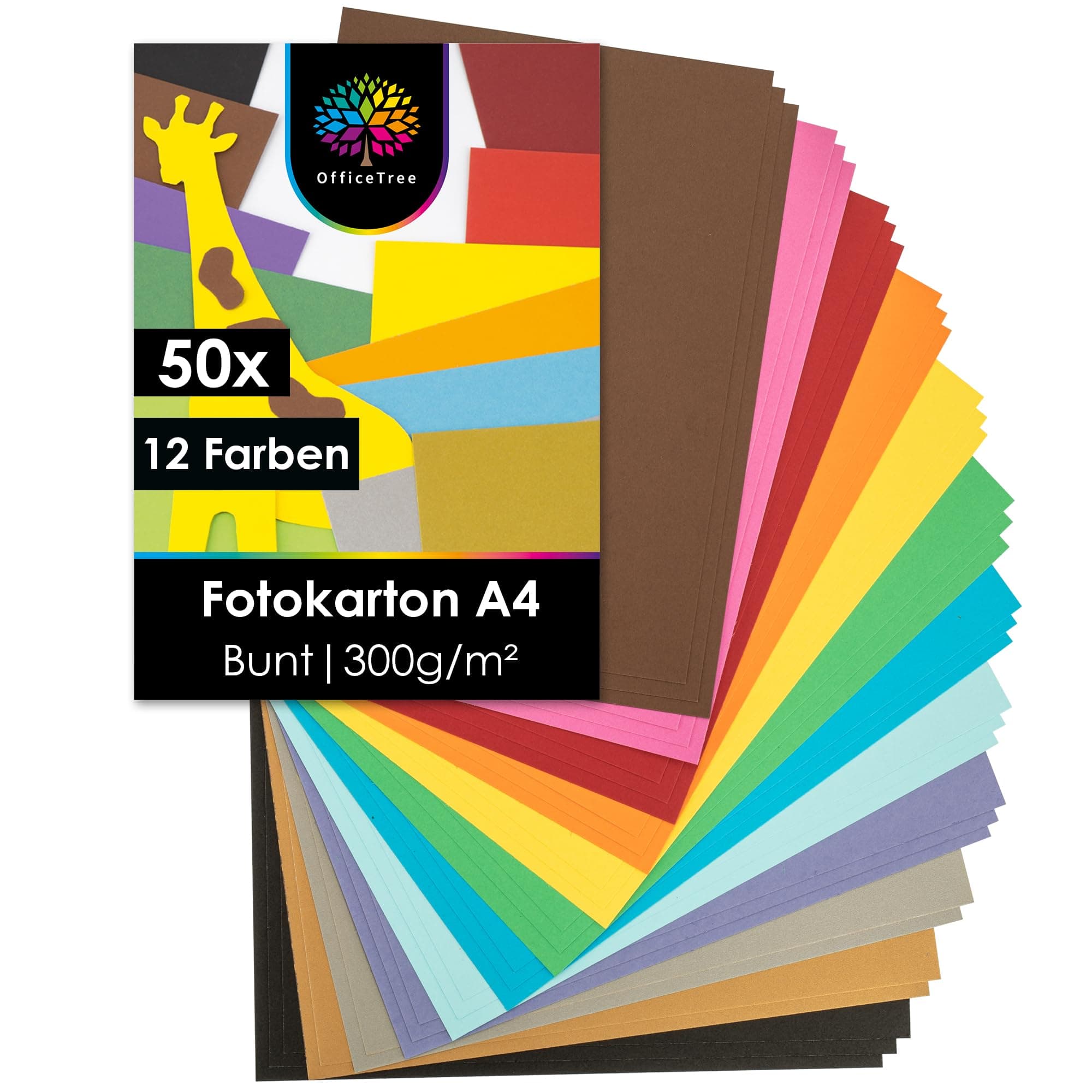 OfficeTree 50x Bastelkarton A4 300g - 12 Farben - Tonkarton A4 Bunt - Pappkarton - Pappe zum Basteln - Fotokarton 300g Mehrfarbig