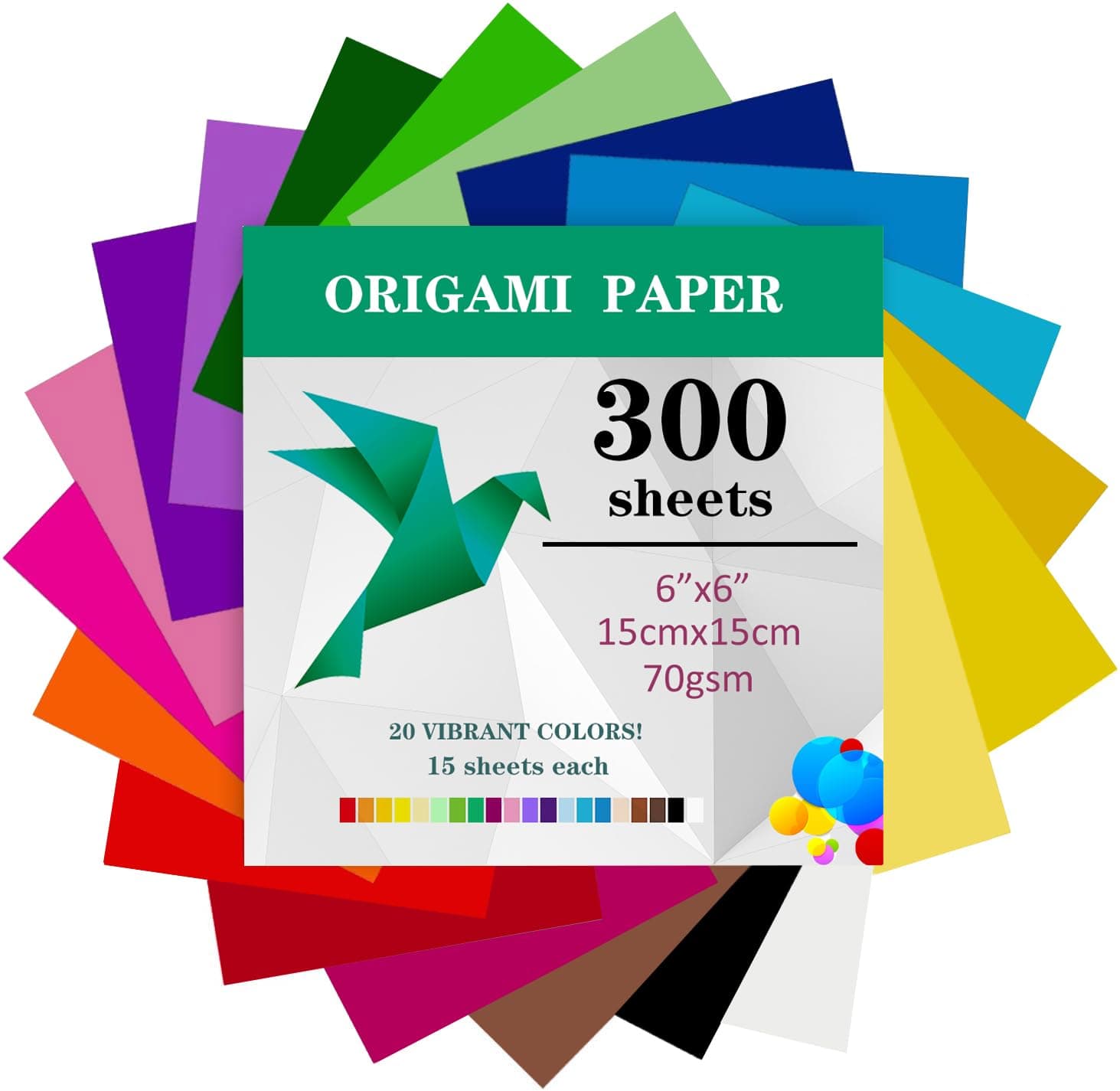 TYOREW Origami-Papier, 300 Blatt, 15 x 15 cm, doppelseitig, 70 g/m², 20 Farben, kleine Origami-Papierquadrate für Kinder, DIY, Schule, Kunst, Bastelprojekte, Kinder und Erwachsene