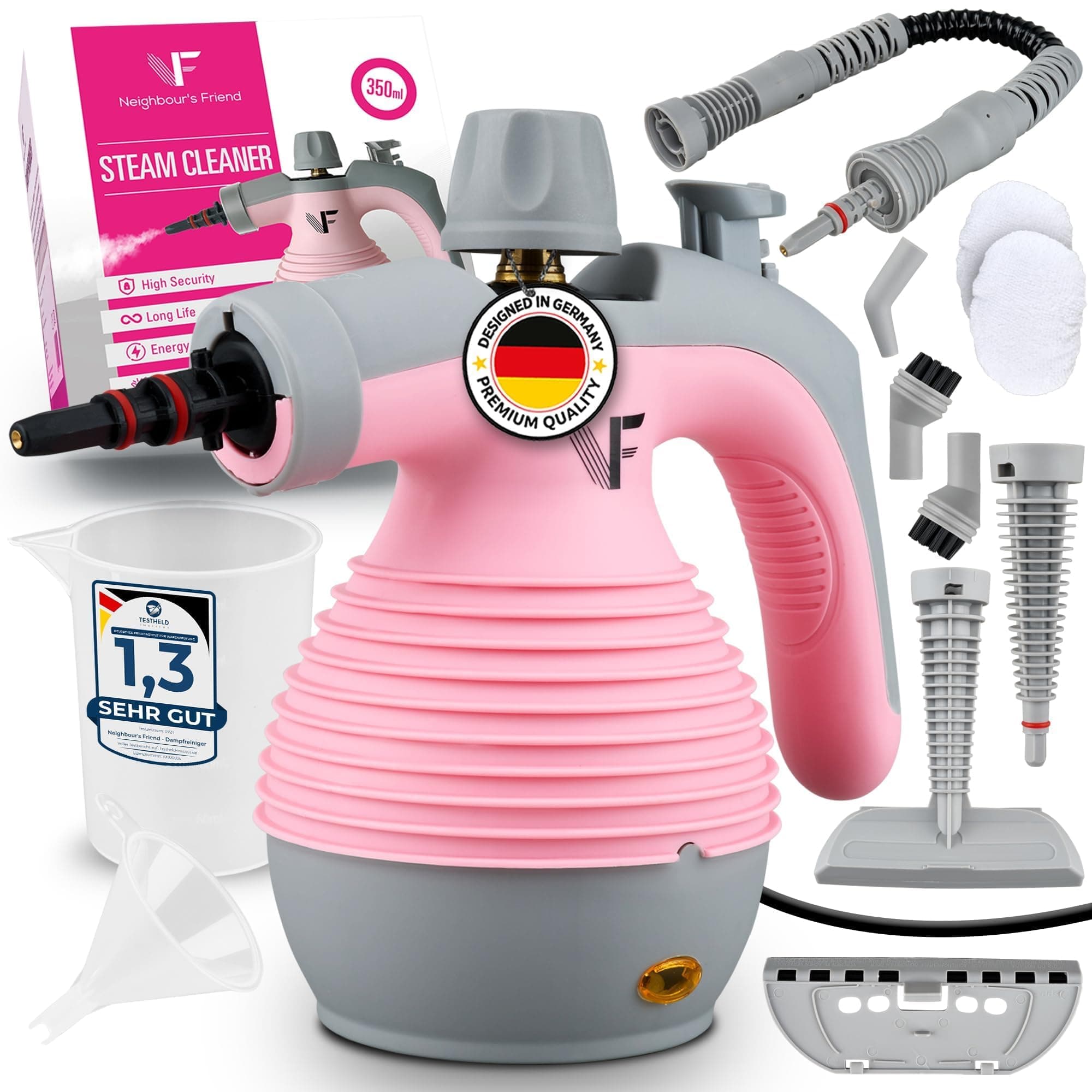 Neighbour's Friend® Handdampfreiniger in Rosa – Leistungsstarkes Dampfreiniger Handgerät I Dampfente mit 350ml Tank, Dampfregulierung & Aufsätzen für Haushalt, Fenster, Polstermöbel & mehr Dampfreiniger Rosa