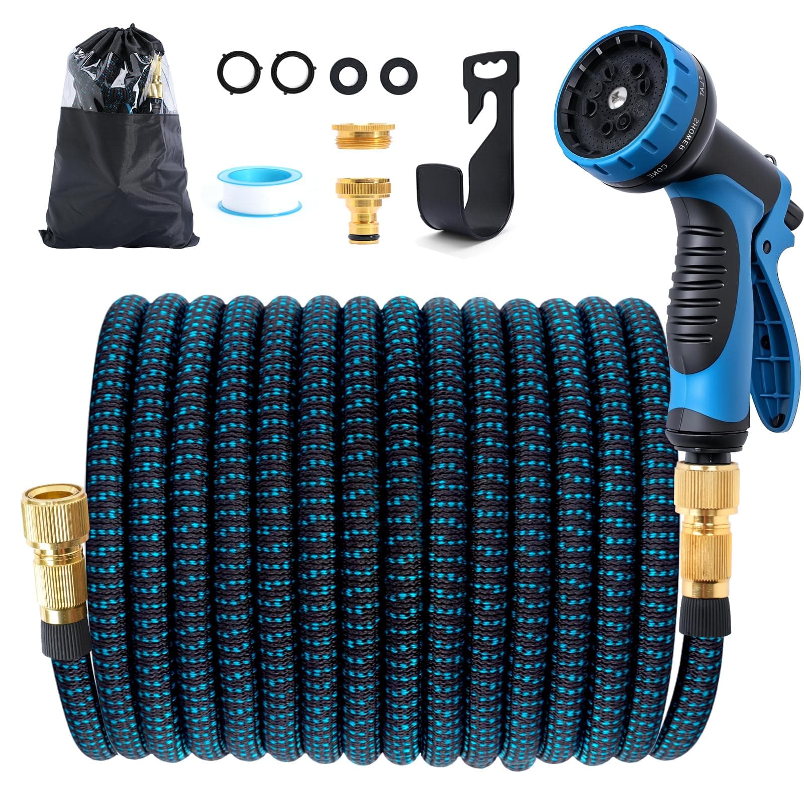 Jsdoin Gartenschlauch Flexibel 15m, Ausziehbare Garten Schlauch Dehnbarer mit 10 Funktions Gartenbrause, 1/2" 3/4" Adapter für Wasserschlauch Flexibler Garden Hose 15m/50ft