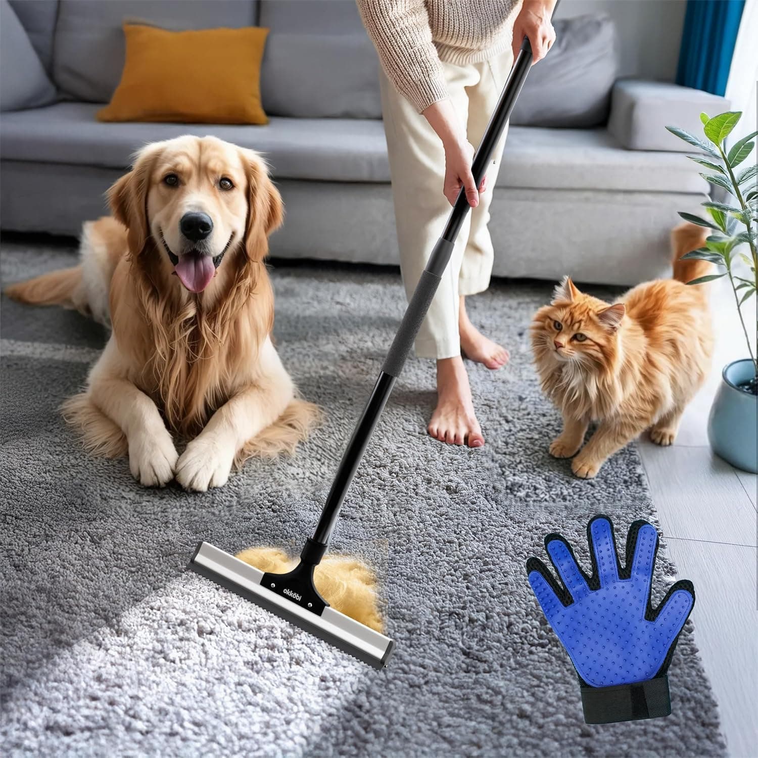 Okköbi Carpet Rake - Fellfeger Besen – Pet Hair Remover für Teppich & Möbel – Gummibesen mit Stiel – Hundehaare Entfernen – Teppich Bürste für Tierhaare – Fellfeger für Teppiche & Böden Schwarz