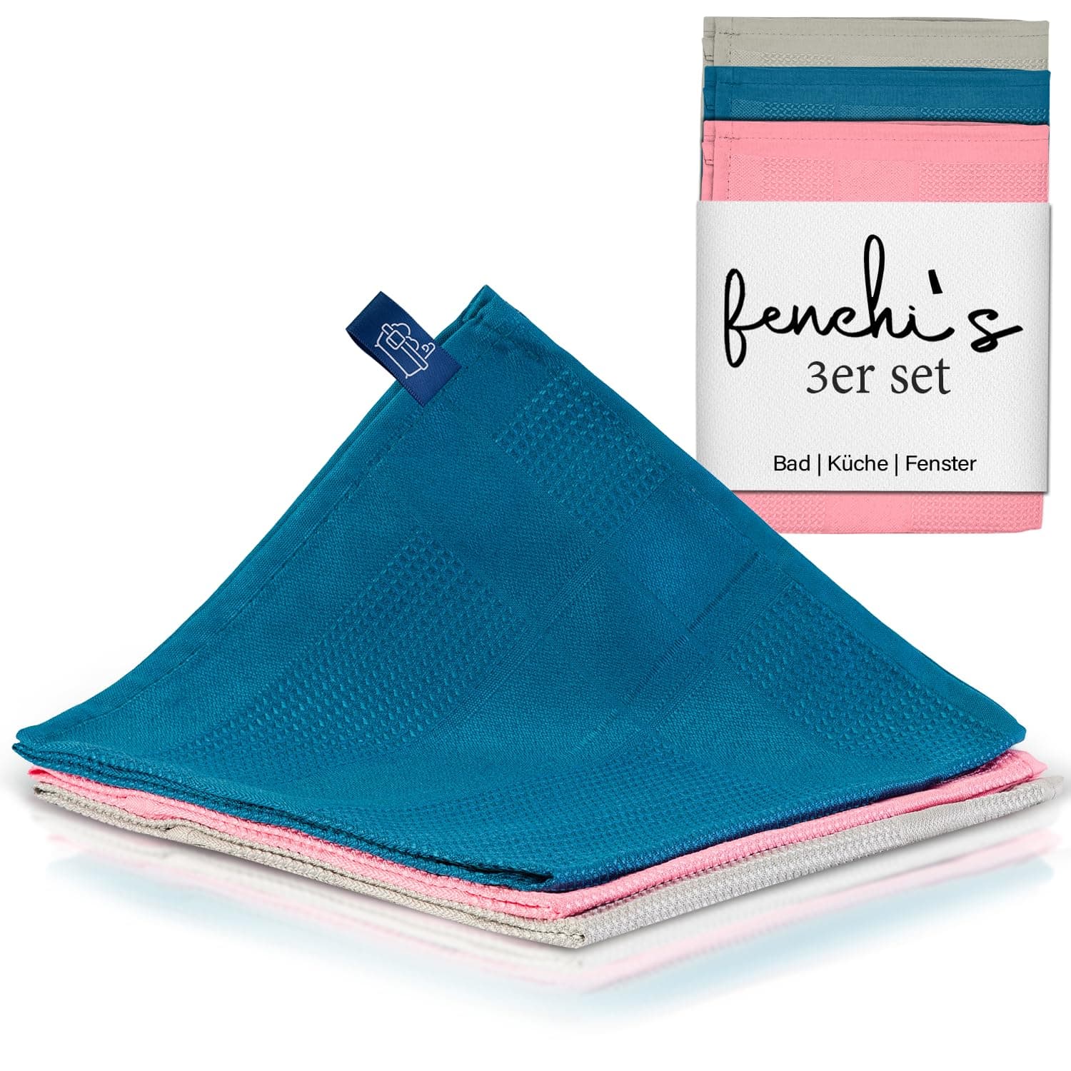 PureClean Mikrofasertücher 60x40 – Fenstertuch Streifenfrei, Putzlappen Küche - Reinigungstücher und Putztücher ohne Putzmittel (Blue/PINK/Grey 3er Set)