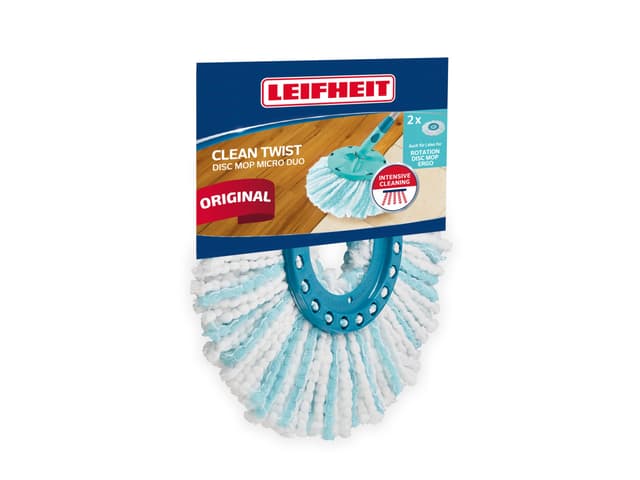 Leifheit 2er Set Ersatzkopf CLEAN Twist Disc Mop Micro Duo, für alle Bodenarten, ideale Schmutzaufnahme Dank 2-Faser-System, saugfähiger Microfaser, mit hoher Wasser- und Schmutzaufnahme, Ersatzbezug Allrounder