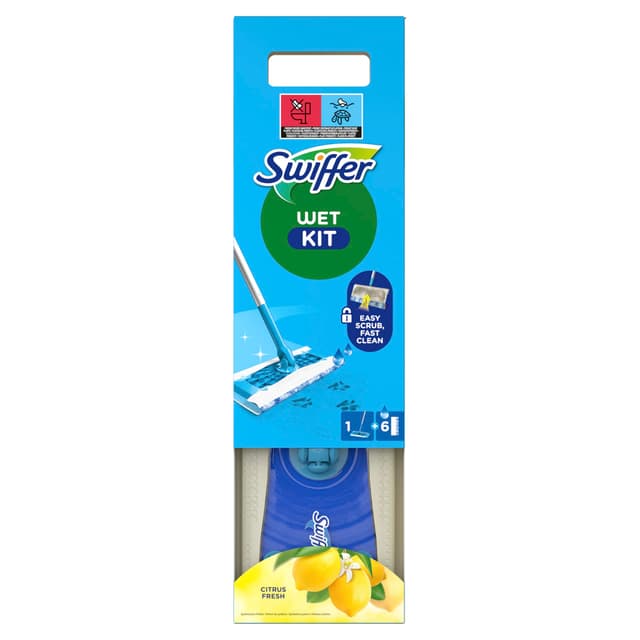 Swiffer Bodenwischer Wet Mop Starter-Set Zur Reinigung Von Böden Mit Schrubbwirkung, Enthält: 1 Bodenwischer, 6 Feuchte Bodentücher