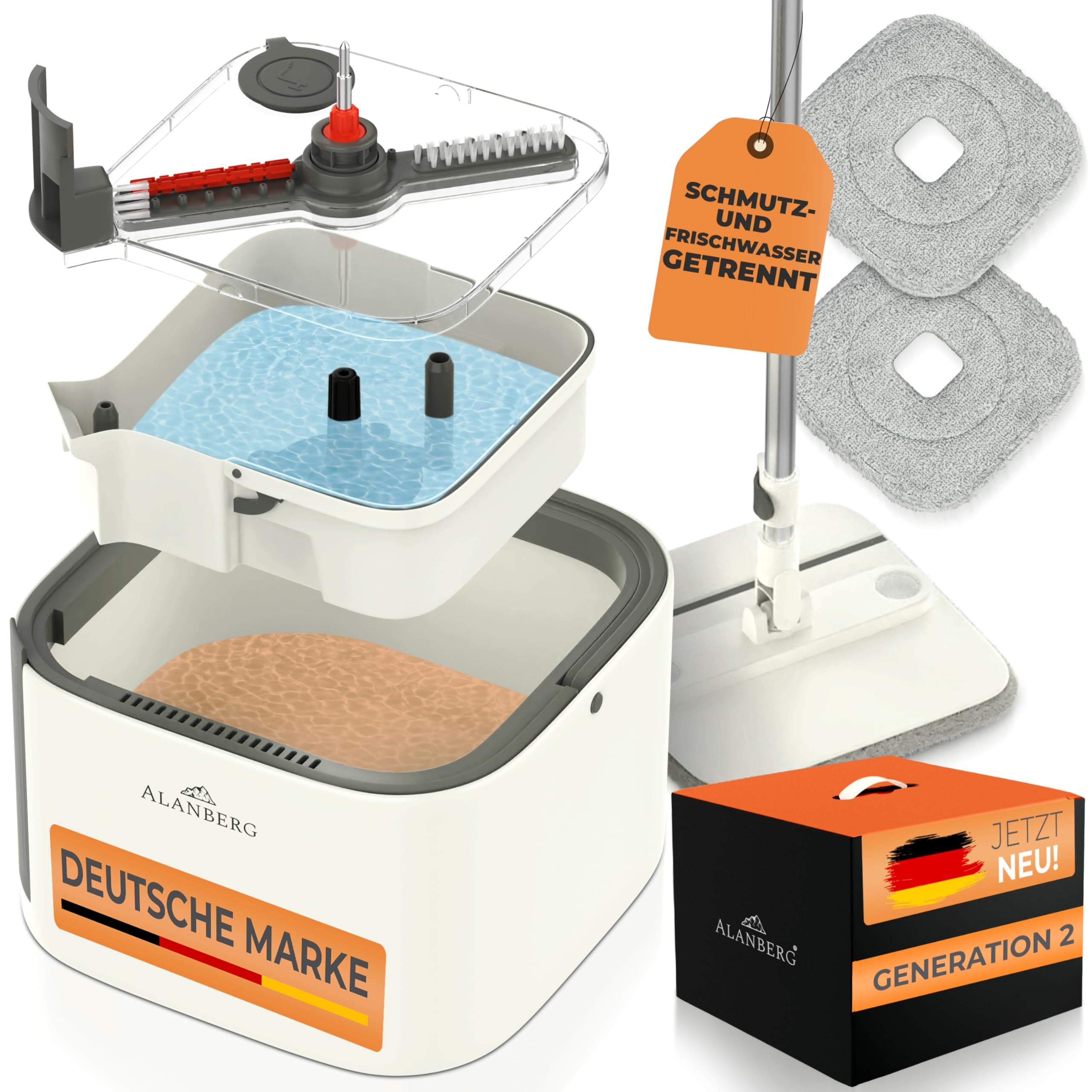 ALANBERG Clean-Spin Mop Gen2 – 360°-Selbstauswring-Flachwischer mit Eimersystem, Doppelkammer, abnehmbarem Tank, Tierhaarrolle aus Silikon, 2 wiederverwendbaren Mikrofaserpads – Weiß Gen2 - Wischmopp Set - Weiß