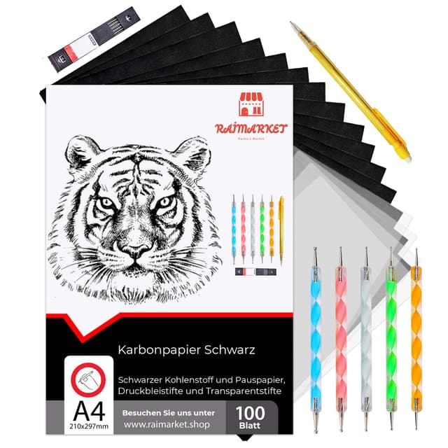 Raimarket 100 Blatt Schwarzes Kohlepapier Transferpapier | Zeichnen Von Entwürfen Mit Durchschlagpapier Pauspapier | Graphitpapier In Premium-qualität Carbon Paper Black