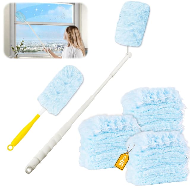 32 Stück für Swiffer Duster Staubmagnet Nachfüllpack Set,360° für Swiffer Staubwedel Teleskop Starterset, für Staubwischer mit Teleskopstange, für Allergene, Tierhaare, Reinigung, Gegen Staub Blau