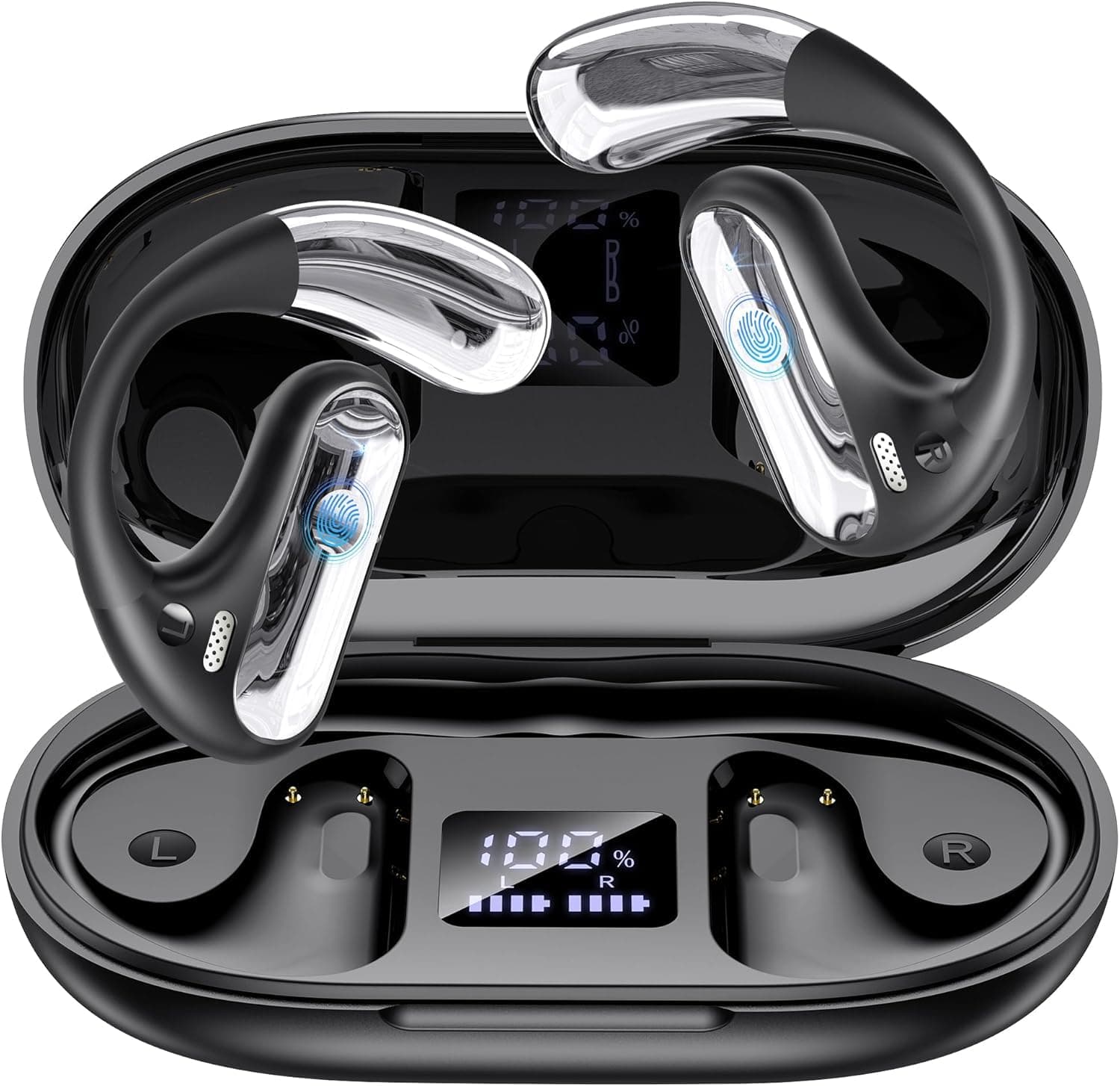 Open Ear Kopfhörer Bluetooth 5.4, Sport Kabellos Ohrhörer mit 4 ENC Mic 40h Wiedergabe 1.5H Schnellladen LED Anzeige IPX7 wasserdichte Intelligente Touch-Steuerung HiFi Klang Earbuds Schwarz Q28 schwarz