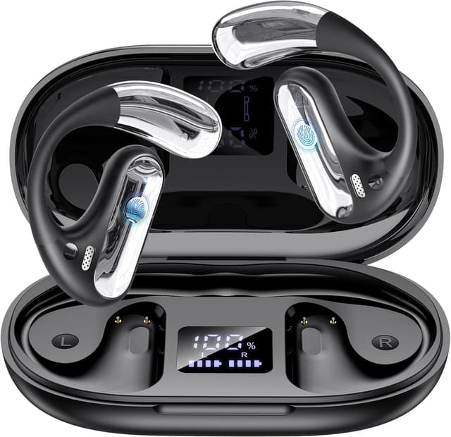 Open Ear Kopfhörer Bluetooth 5.4, Sport Kabellos Ohrhörer mit 4 ENC Mic 40h Wiedergabe 1.5H Schnellladen LED Anzeige IPX7 wasserdichte Intelligente Touch-Steuerung HiFi Klang Earbuds Schwarz Q28 schwarz