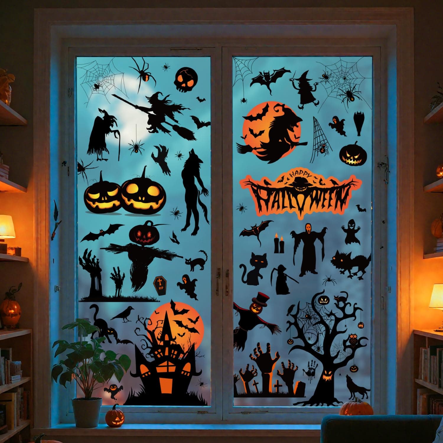 Etopgo Halloween Fensterbilder, 9 Blatt 111 STK Halloween Deko Fenster Kürbisse, Spinnennetze, Fledermäuse Fensteraufkleber, Doppelseitiger Druck Wiederverwendbare PVC Aufkleber für Party Deko