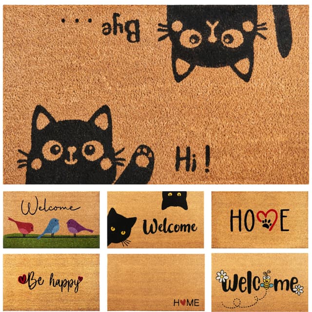 Fußmatte Kokosfaser Hi-Bye Katze - 70x40cm - Willkommens Fussmatte mit Antirutsch PVC & Kokos Oberfläche - für Hauseingänge, Flure, Außentüren, Wohnaccessoires - Schlichtes Originaldesign
