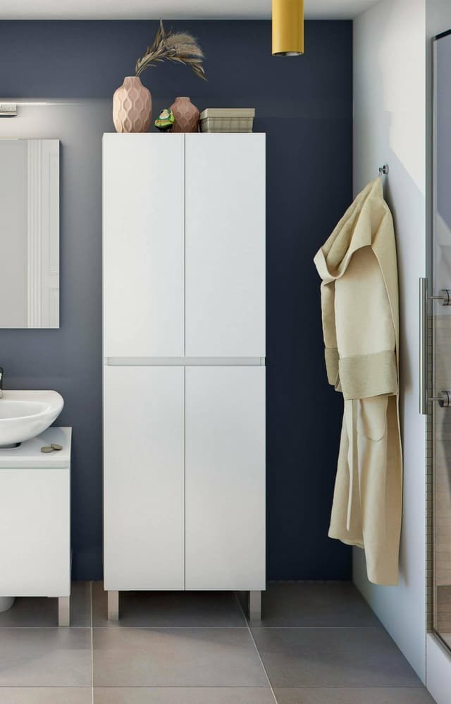 Dmora - Säulenschrank Sarasota, Schrank für Badezimmer oder Küche, Multifunktionaler Hochschrank, Mehrzweckschrank, 60x35 h182 cm, Glänzendes Weiß