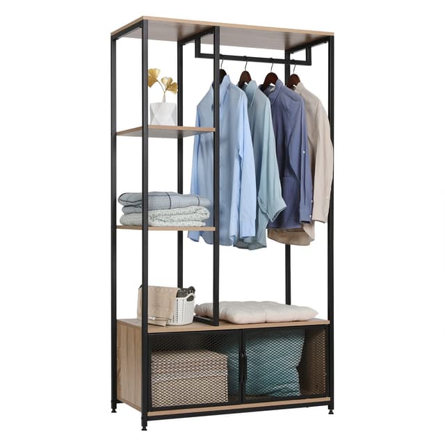 WOLTU Kleiderständer mit Lagerschrank Kleiderschrank Offener aus Holz und Metall, Garderobenständer für Schlafzimmer, Hell Eiche Hell Eiche+schwarz