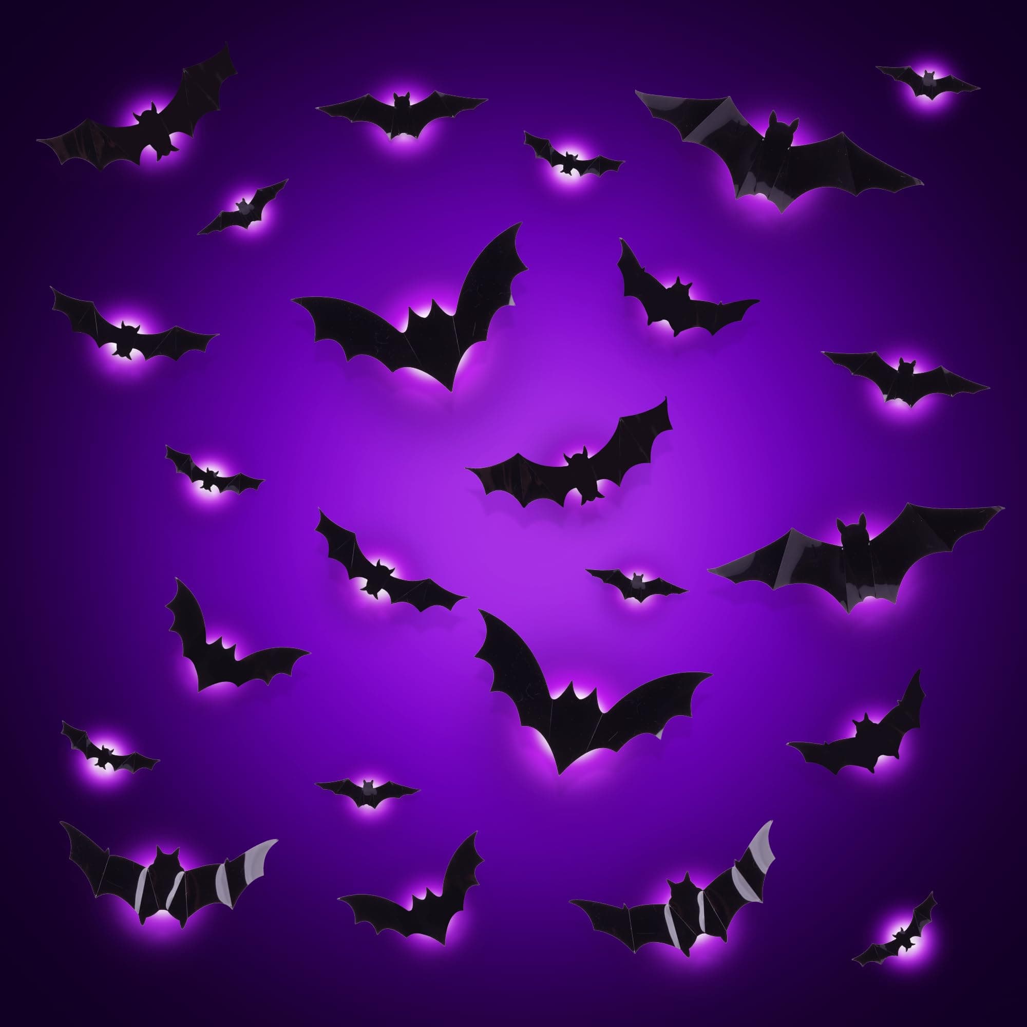 Halloween Deko,24 Stück 3D Fledermaus deko Mit LED,Deko halloween Outdoor Innen,Wandaufkleber Halloween Dekoration Set Für Garten Fenster, Tür (Lila)