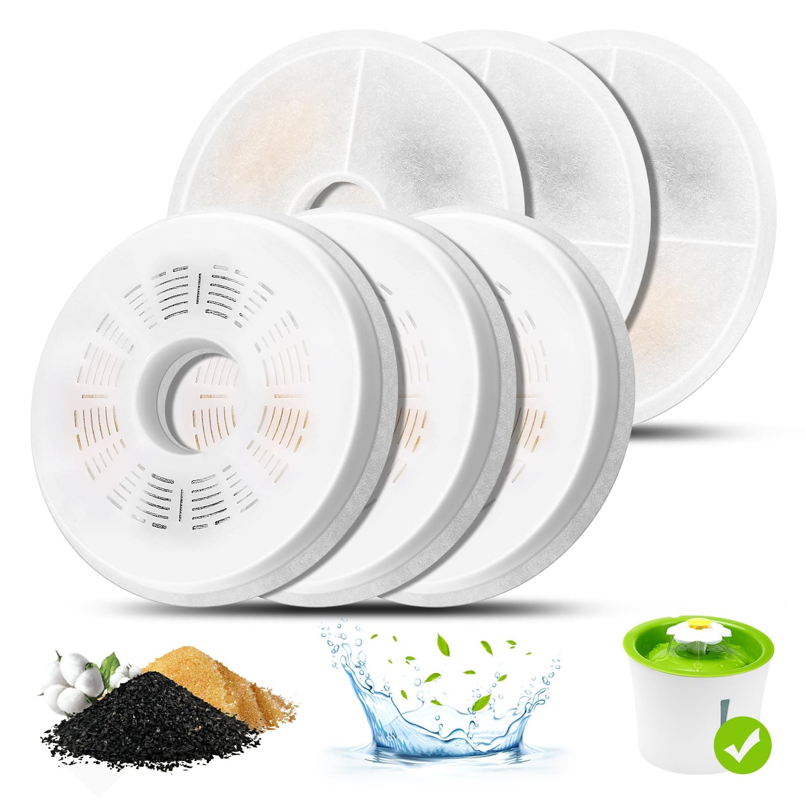 Cat Water Fountain Filters, 6 Pack Triple Action Water Fountain Filter, Replacement Cat Drinking Fountain Filters, Activated Carbon Filter Compatible with 3L Flower Pet Water Dispenser Fountain 6-Pack