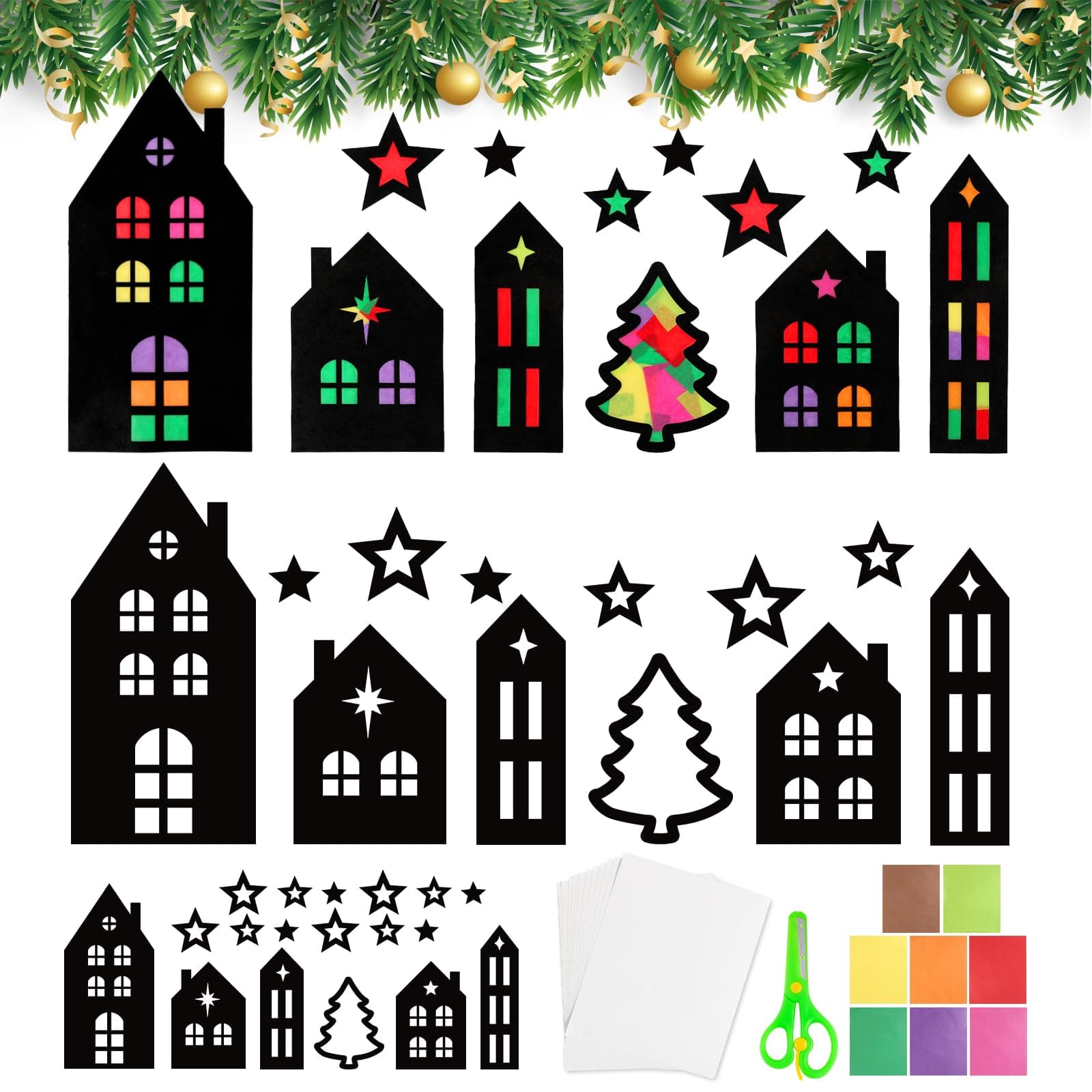 BOOMTOP 12 Weihnachten Basteln Fensterbilder Haus Weihnachtsbaum Sterne Bastelset Kinder Fensteraufkleber Bunte Weihnachten Deko Fenster Sticker Weihnachtshaus Schablonen Winter Silvester Geschenke Weihnachtshäuser