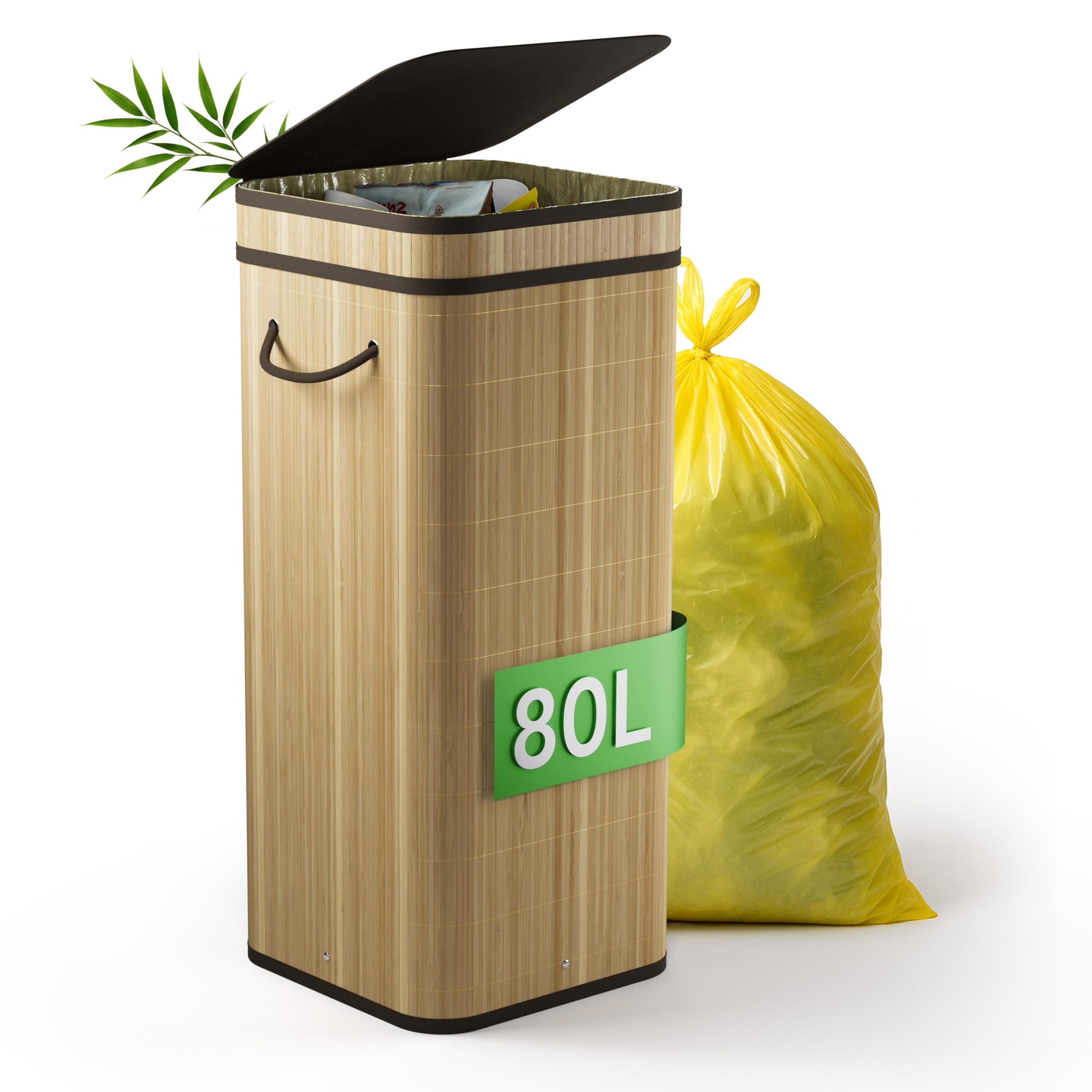 NewHabitat Gelber Sack Ständer aus Bambus I 80L Gelber Sack Behälter mit geruchsdichtem Deckel I Stabiler & Nachhaltiger Mülleimer Holz für Gelbe Säcke I Einfacher Aufbau, Schlichtes Design (Hell)