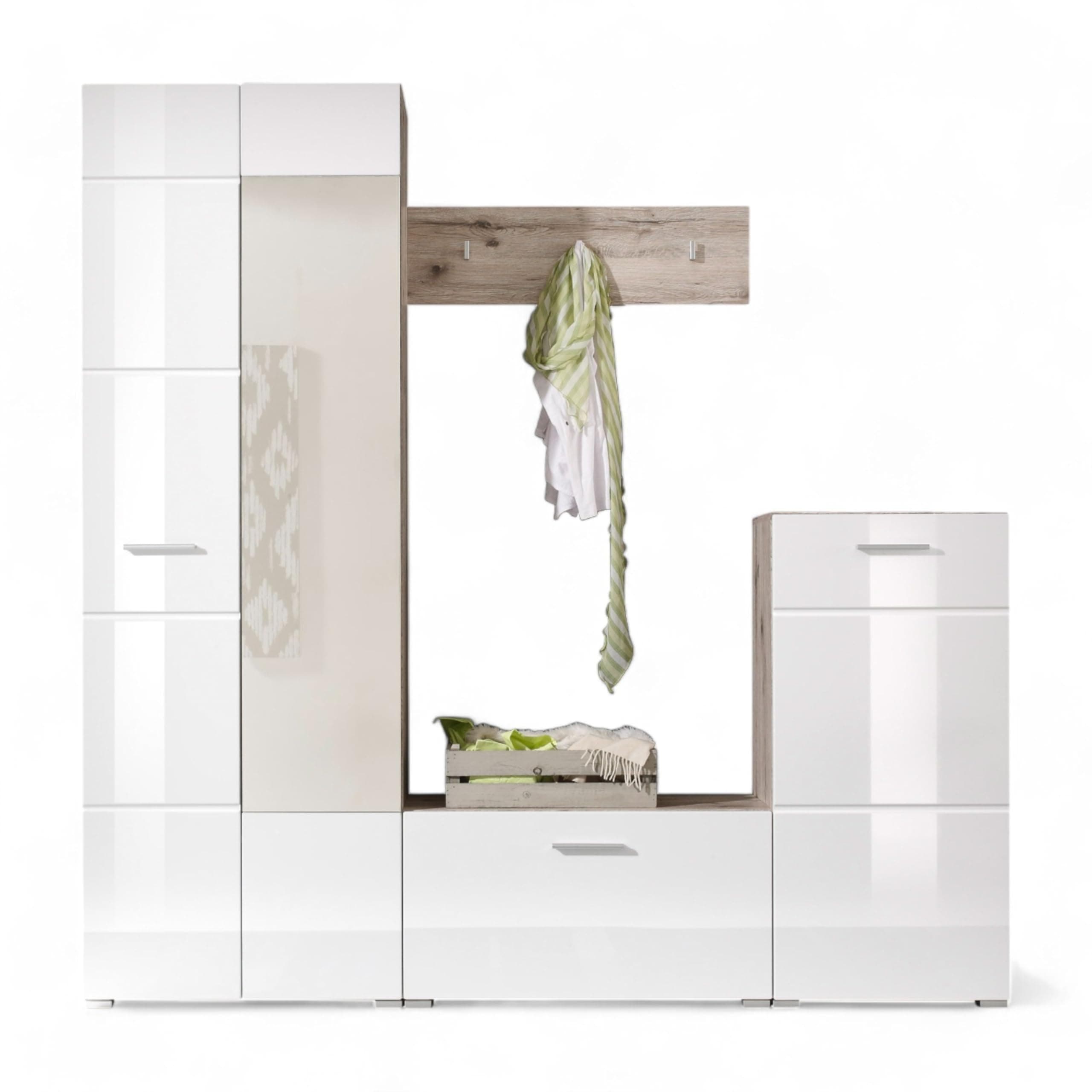 Stella Trading Sixx Flurgarderoben Set in Weiß Hochglanz/Sandeiche Optik - Moderne Kompaktgarderobe 4-teilig für Ihren Eingangsbereich - 195 x 195 x 36 cm (B/H/T)