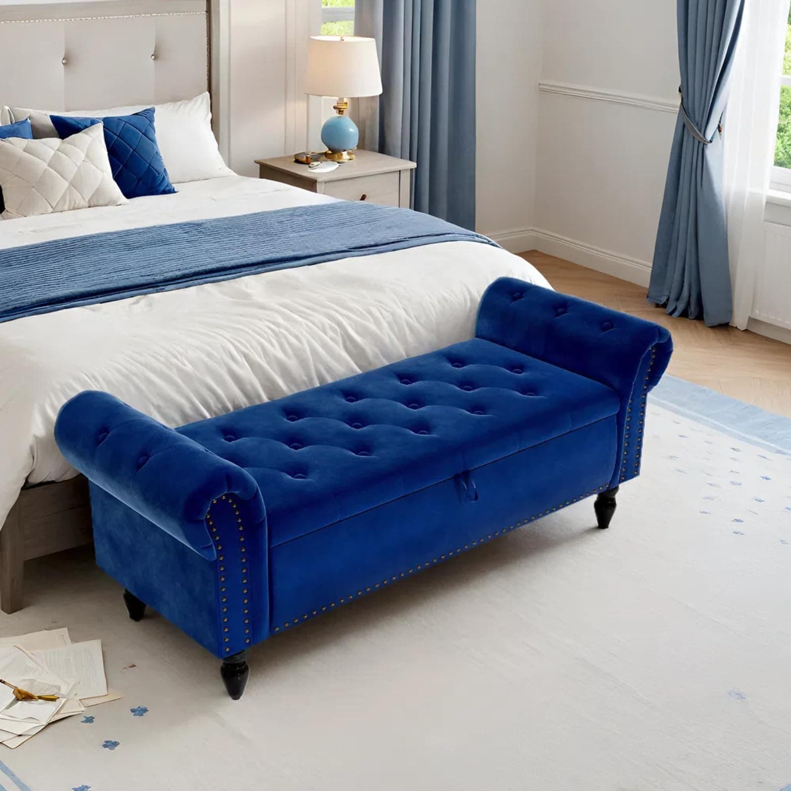 Sitzbank mit Stauraum, Umdrehen Mit Booster-Gasstange, Bettende mit Deckel, Fußstütze mit stabilen Holzbeinen, Bis 168kg, Sofabank fur Flur, Esszimmer, Schlafzimmer, Wohnzimmer, 133 x 53 x 46 cm Blau 1 Stck.