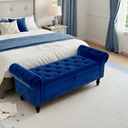 Sitzbank mit Stauraum, Umdrehen Mit Booster-Gasstange, Bettende mit Deckel, Fußstütze mit stabilen Holzbeinen, Bis 168kg, Sofabank fur Flur, Esszimmer, Schlafzimmer, Wohnzimmer, 133 x 53 x 46 cm Blau 1 Stck.