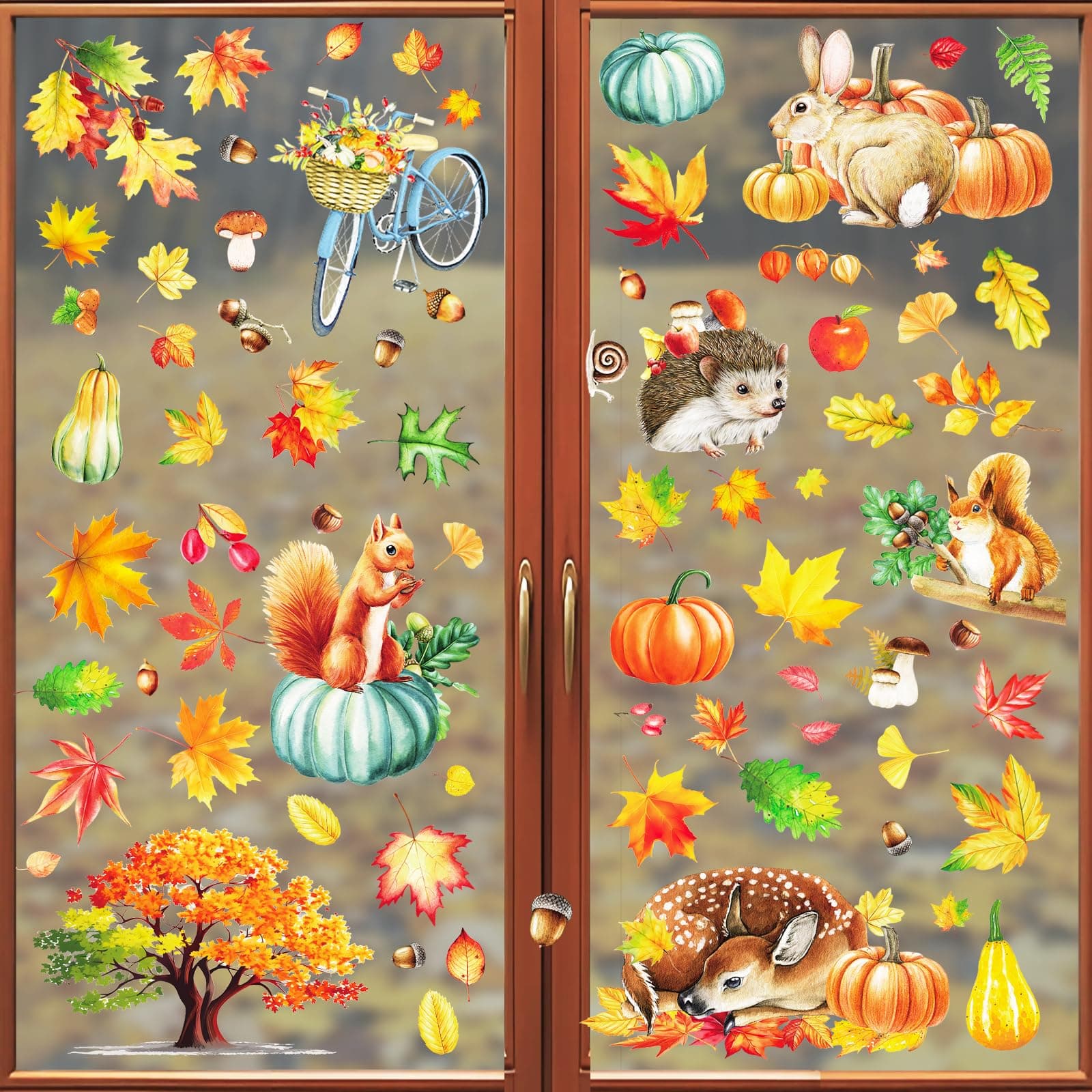 QIURUYUE 9 Blättern Herbst Fensterbilder Selbstklebend, 84 Stück Thanksgiving Herbstdeko Fenster Aufkleber Ohne Kleber, Ahornblätter Kürbis Kleintiere Fensterdeko Herbst für Kinderzimmer Cafe