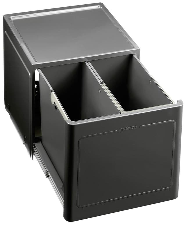 BLANCO BOTTON Pro 45/2 Manuell | Abfall Müllsystem | für 45 cm breite Unterschränke | System zur Bodenmontage hinter Schwenktüren | 2 x 13 Liter Eimer 45 cm Unterschrank händischer Auszug bei Türöffnung