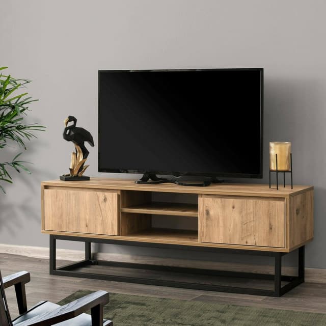 Dmora - Fernsehschrank Themis, Ständer für Wohnzimmerfernseher, Niedriges Wohnzimmer-Sideboard, TV-Ständerbasis, 140x40h50 cm, Schwarz und Eiche
