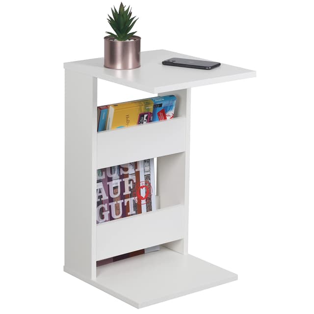 RICOO Kleiner Beistelltisch Holz 35 x 60 x 40 cm WM042-WM Couchtisch mit Stauraum Weiß Wohnzimmertisch Kleiner Tisch Wohnzimmer Sofatisch Beistelltische C Form Konsolentisch