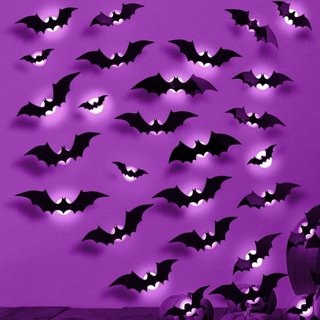 Efymosce Halloween Fledermäuse Deko, 24 Stück LED Lila Fledermaus Dekoration, Wandaufkleber 3D Halloween Deko Set Outdoor für Außen, Party, Fenster,Wandaufkleber, Schlafzimmer, Wohnzimmer