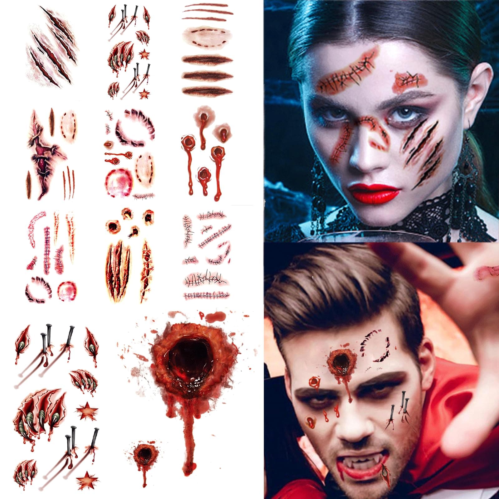 FLYGRRIV Halloween Tattoos, Narben-Designs Temporäre Sticker, Halloween Schminke Zubehör,Zombie, Vampir und Hexen Horror Narben Sticker, Geeignet für Gesicht, Körper und Arme