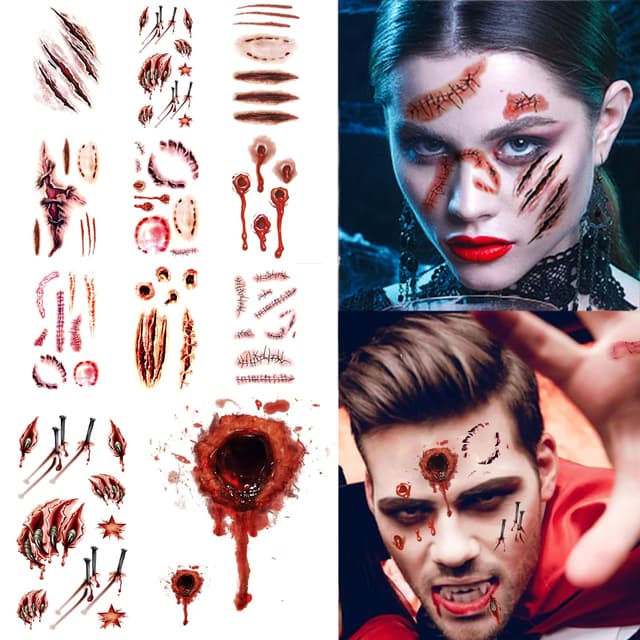 FLYGRRIV Halloween Tattoos, Narben-Designs Temporäre Sticker, Halloween Schminke Zubehör,Zombie, Vampir und Hexen Horror Narben Sticker, Geeignet für Gesicht, Körper und Arme