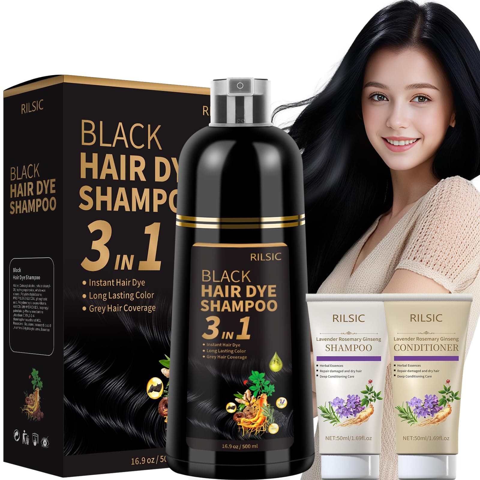 RILSIC Haarfärbeshampoo Schwarz 3in1 Gegen Graue Haare, 500ml Sofort Haarfarbe Shampoo & 50ml Haarshampoo & 50ml Conditioner, Natürlich und Langanhaltend Hair Dye Shampoo für Männer Frauen (Schwarz)