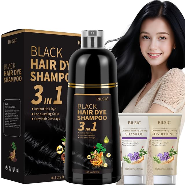 RILSIC Haarfärbeshampoo Schwarz 3in1 Gegen Graue Haare, 500ml Sofort Haarfarbe Shampoo & 50ml Haarshampoo & 50ml Conditioner, Natürlich und Langanhaltend Hair Dye Shampoo für Männer Frauen (Schwarz)